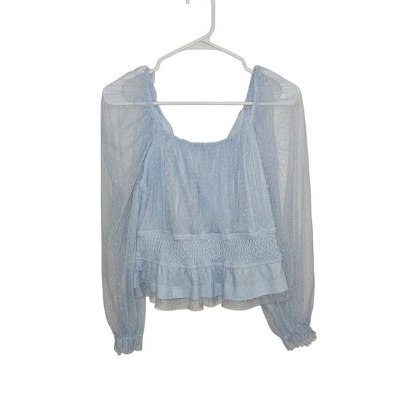 Audrey Parks Soft Blue Tulle Blouse Sheer Long Sleeve Crop V-Neck Size Large - Picture 6 of 10